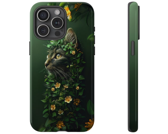 Cat Green Floral Vines on Green Phone Case: iPhone, Galaxy, Pixel - Lifetime Warranty