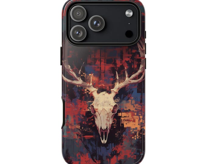 Stag Skull Deer Glitch Red Phone Case: iPhone, Galaxy, Pixel - Lifetime Warranty