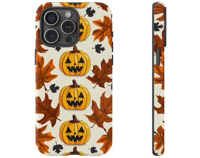 Halloween Pumpkin Pattern Phone Case - Spooky Jaco Lanterns Fall Phone Cover - Leaves Cute Phone Case - iPhone, Pixel, Samsung Galaxy