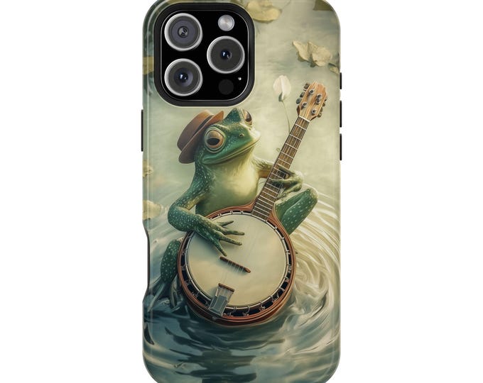 Frog Playing Banjo in Pond Phone Case: iPhone, Galaxy, Pixel - Lifetime Warranty