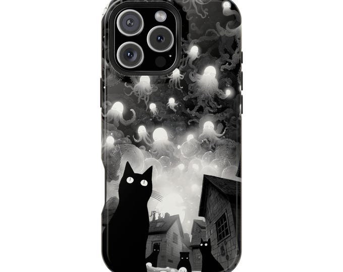 Black Cats Floating Cephalopods Phone Case: iPhone, Galaxy, Pixel - Lifetime Warranty