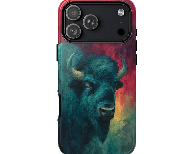 Teal Bison Crimson Smoky Painting Phone Case: iPhone, Galaxy, Pixel - Lifetime Warranty