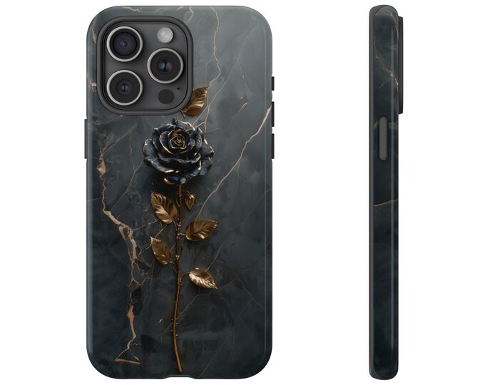 Black Marble Gold Rose Flower Cover Phone Case for iPhone | Samsung Galaxy | Google Pixel