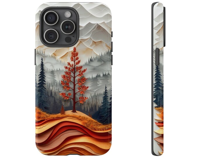 Pine Tree Mountain Landscape Paper Art Phone Case: iPhone, Galaxy, Pixel - Lifetime Warranty