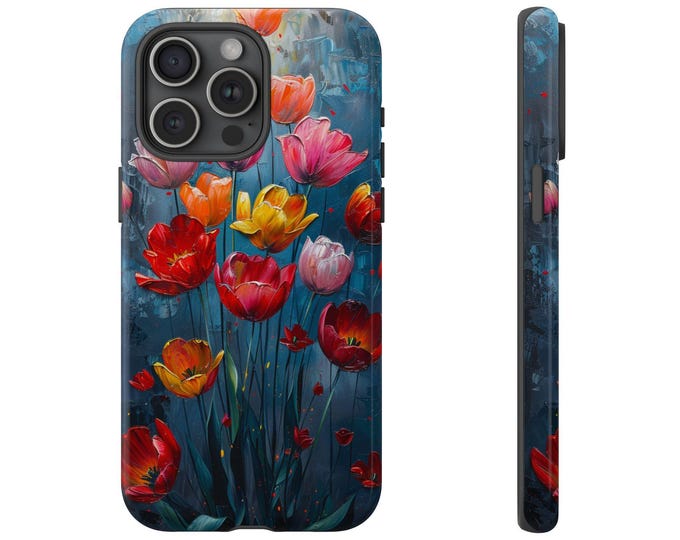 Tulip Floral Pastel Phone Case | iPhone, Samsung Galaxy, Pixel | Wildflowers Colorful Thick Paint Flower Blue Painting Design | Tough Cover