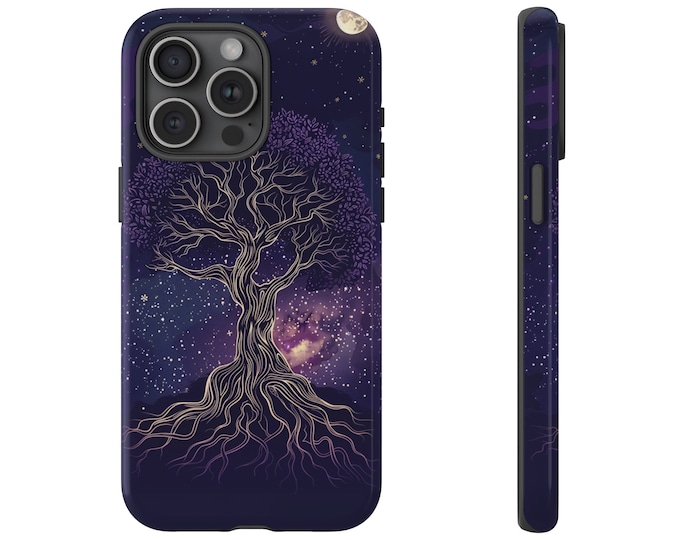 Phone Case for Galaxy, iPhone, Pixel | Eternal Growth Purple Leaves and Gold Tree of Life Vector Art Style | Dual Layer Tough Phone Cover