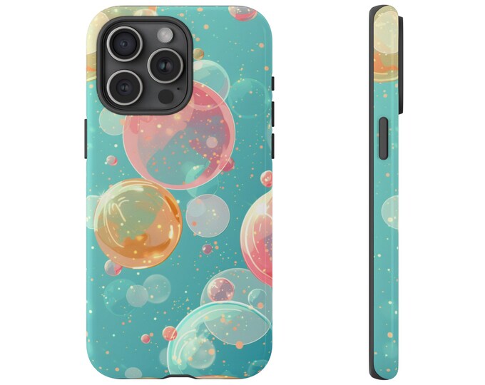 Pink Orange Blue Bubbles on Teal Phone Case: iPhone, Galaxy, Pixel - Lifetime Warranty