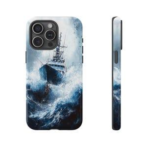 Fisherman Storm Phone Case | iPhone, Samsung Galaxy, Pixel | Stormy Weather Ocean Waves Fishing Boat Sea Wave Fish Ship Design Tough Cover