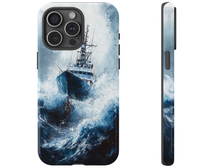 Fisherman Storm Phone Case | iPhone, Samsung Galaxy, Pixel | Stormy Weather Ocean Waves Fishing Boat Sea Wave Fish Ship Design Tough Cover
