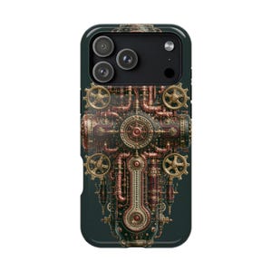 Könnte beinhalten: Eine dunkelgrüne Smartphone-Hülle mit einem komplexen mechanischen Design aus kupferfarbenen Rohren, goldfarbenen Zahnrädern und komplizierten metallischen Komponenten, die in einem symmetrischen Muster auf der Rückseite angeordnet sind.