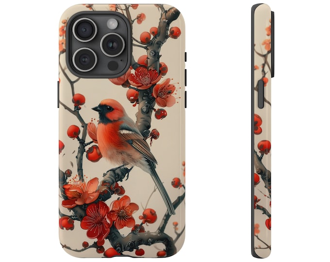 Japan Style Painting Red Bird Flower Tree - Cute Gift Idea - Tough Cover Phone Case for Galaxy S25 S24 S22, iPhone 15 14 13 12 11, Pixel 8 7