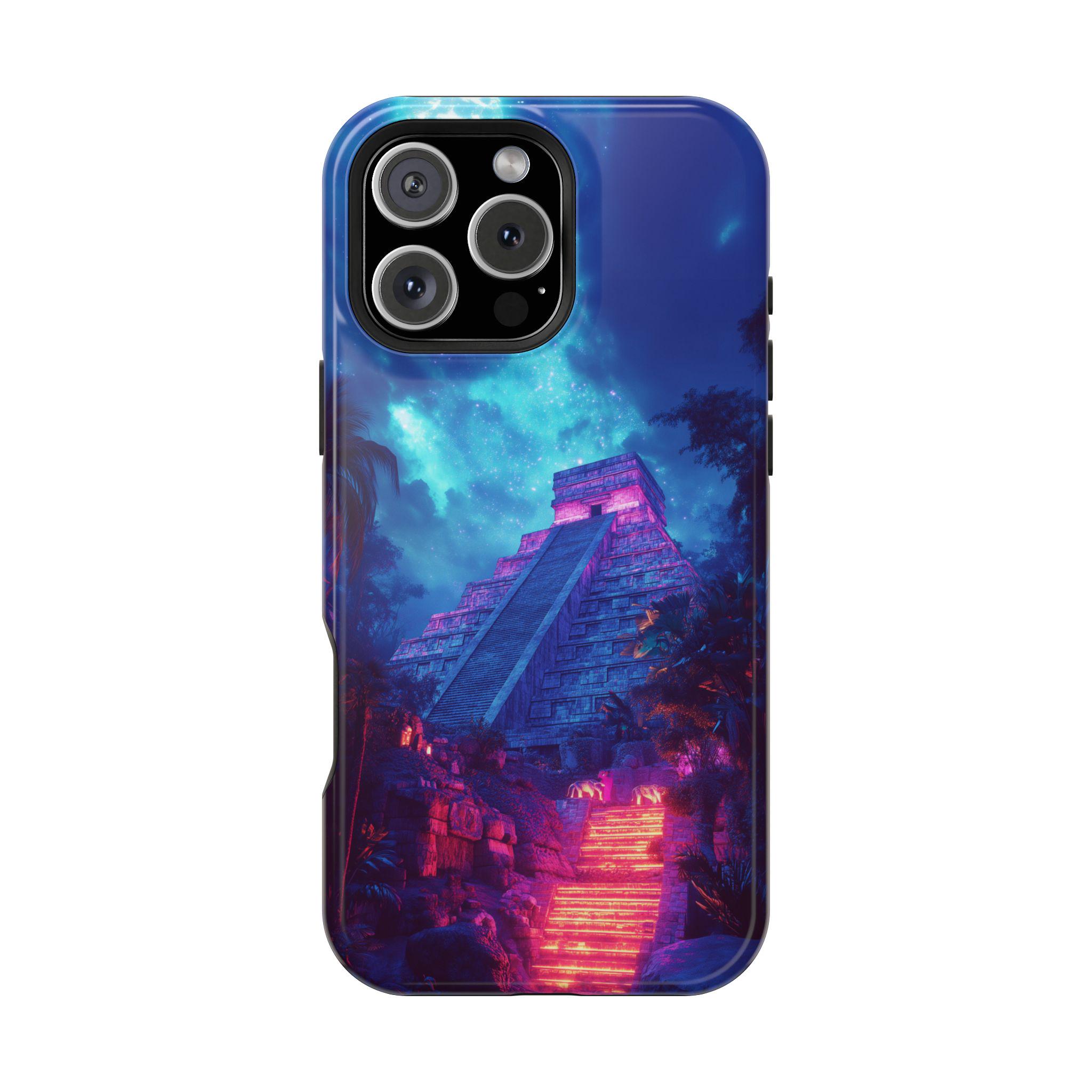 Aztec Pyramid Blue Maya Neon Jungle Night Phone Case: iPhone, Galaxy, Pixel - MagSafe Compatible