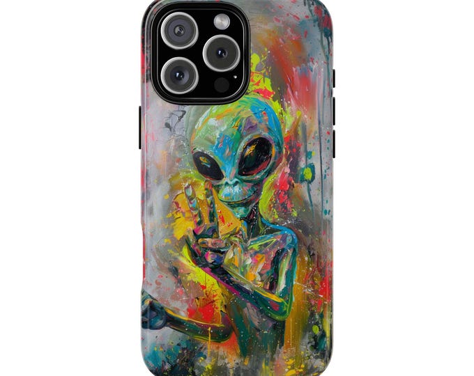 Grey Alien Peace Sign ET Oil Paint Canvas Phone Case - iPhone, Samsung Galaxy, Pixel - Lifetime Warranty