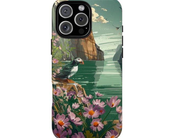 Puffin Bird Flowers Lake Phone Case: iPhone, Galaxy, Pixel - Lifetime Warranty
