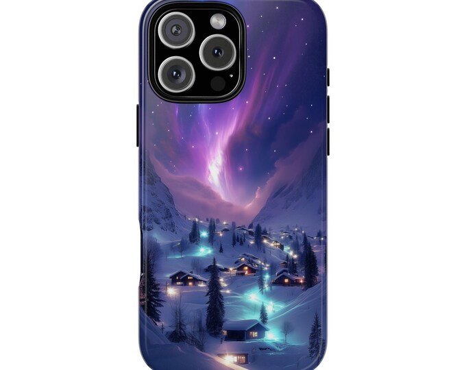 Snowy Winter Village Purple Borealis Stars Phone Case: iPhone, Galaxy, Pixel - Lifetime Warranty