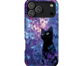 Black Cat Purple Leaves Stained Glass Phone Case • Original Artwork • Heavy Duty Protection • Tech Gift • Lifetime Warranty