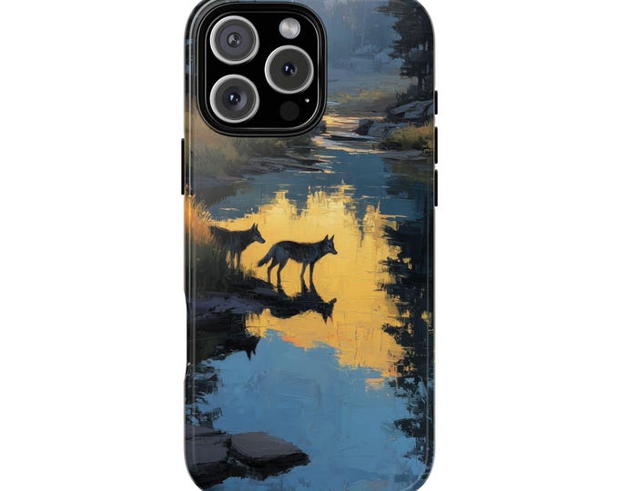 Two Wolves Wilderness River Oil Painting Phone Case: iPhone, Galaxy, Pixel - Lifetime Warranty