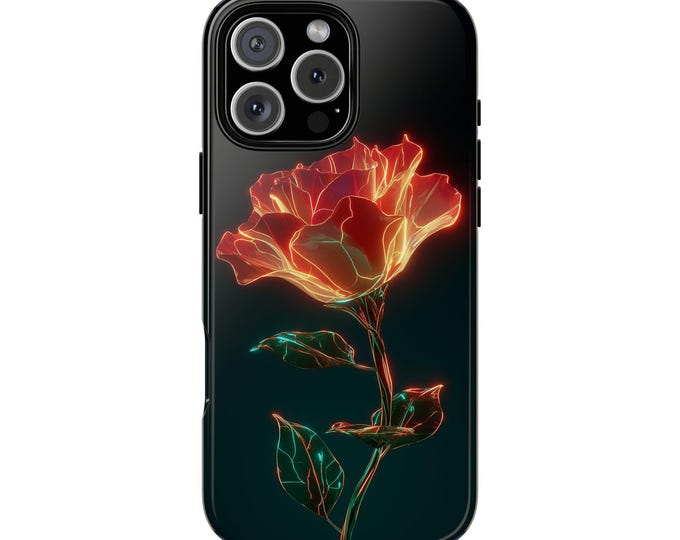 Neon Red Rose Flower Vibrant Glow Phone Case: iPhone, Galaxy, Pixel - MagSafe Compatible