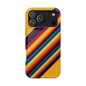 May include: A smartphone case featuring a vibrant diagonal striped pattern in shades of yellow, orange, red, and teal. The design covers the back of the case, which includes a black rectangular camera module with three circular lenses and a flash.
