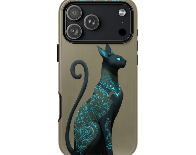 Mystical Feline Cat Teal Symbols Phone Case: iPhone, Galaxy, Pixel - Lifetime Warranty