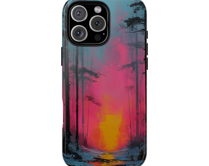Forest Painting Red Winter Sunset Phone Case: iPhone, Galaxy, Pixel - MagSafe Compatible