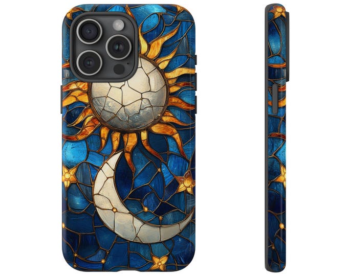 Celestial Sun Moon Stained Glass Blue Phone Case: iPhone, Galaxy, Pixel - Lifetime Warranty