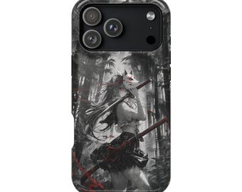 Anime Girl Kitsune Mask Katana Blade Phone Case - Personalized, MagSafe Compatible, Lifetime Warranty