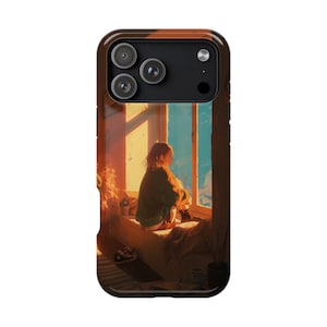 Puede incluir: Funda de teléfono con una ilustración de una persona sentada junto a una ventana, mirando la puesta de sol. La funda tiene un borde marrón y un acabado brillante. La imagen tiene tonos cálidos de naranja y amarillo.