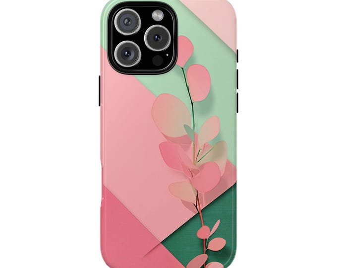 Pink Green Leaf Pastel Floral Leaves Minimalist Phone Case: iPhone, Galaxy, Pixel - Lifetime Warranty