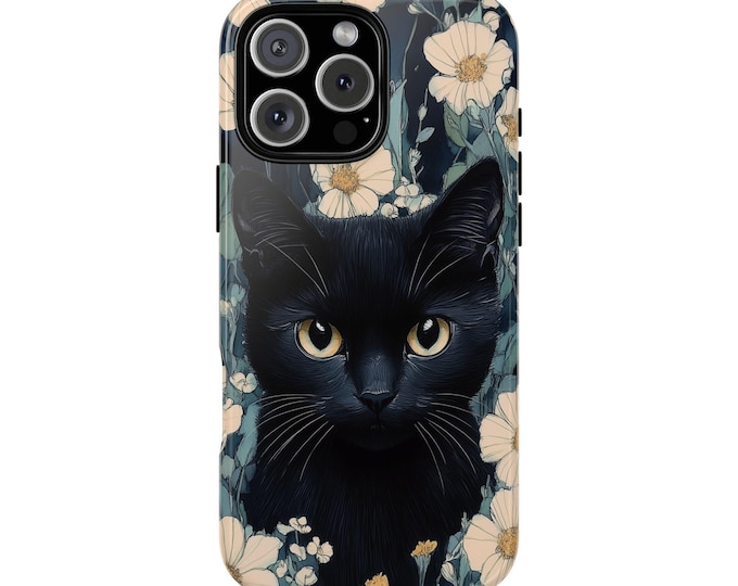 Black Cat Flower Blue Wildflowers Phone Case for iPhone | Samsung Galaxy | Google Pixel