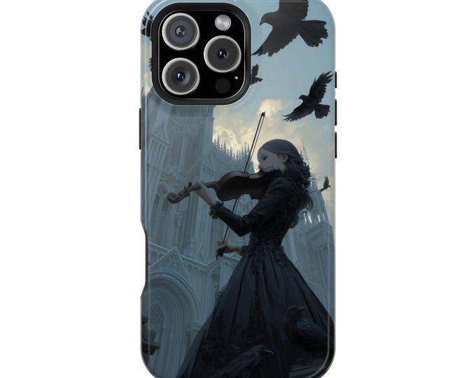 Girl Playing Violin Twilight Cathedral Ravens Phone Case: iPhone, Galaxy, Pixel - Lifetime Warranty
