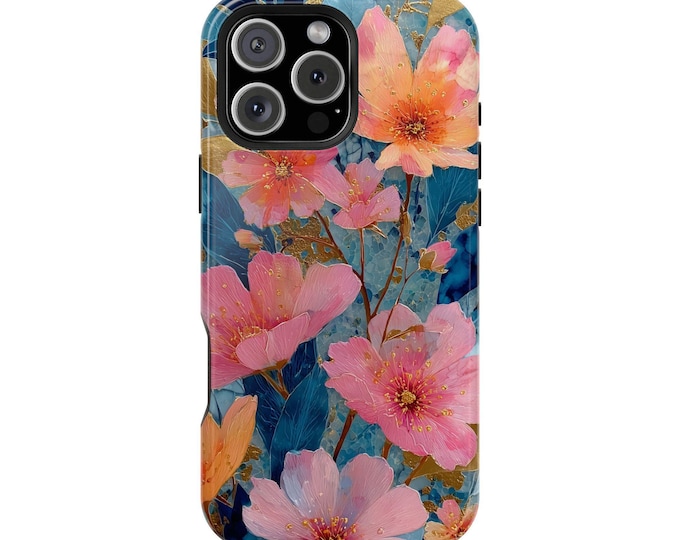 Wildflower Vibrant Pink Gold Accents Phone Case: iPhone, Galaxy, Pixel - Lifetime Warranty