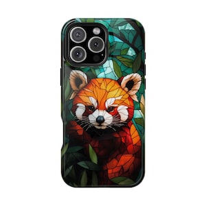 Red Panda Stained Glass Green Leaves Phone Case - iPhone 17 Pro Max 16 15 14 13 12 11, Samsung Galaxy S25 Ultra S24 S23 S22, Google Pixel