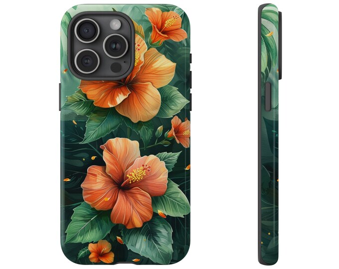Orange Hibiscus Green Flower Tropical Floral Phone Case: iPhone, Galaxy, Pixel - Lifetime Warranty