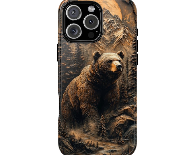 Bear Mountains Wood Carved Theme UV Print Phone Case: Tough Cover for iPhone (MagSafe Compatible), Samsung Galaxy, Pixel