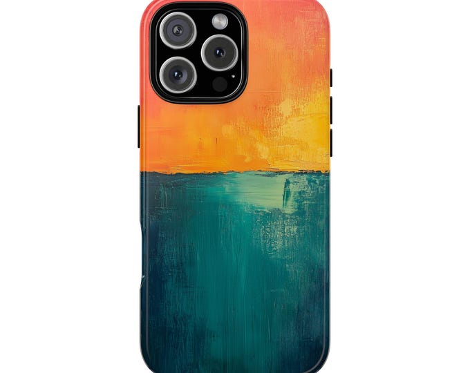 Sunset Orange Teal Gradient Horizon Brushed Art Phone Case: iPhone, Galaxy, Pixel - Lifetime Warranty