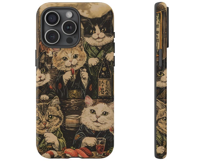Old School Sushi Cats Retro - Tough Phone Case: iPhone, Galaxy, Pixel - Lifetime Warranty