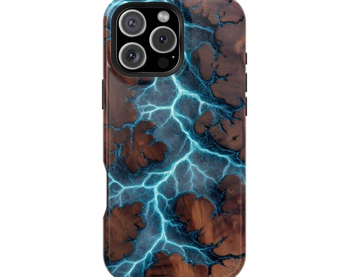 Blue Resin Inlaid Lightning Koa Wood Phone Case: iPhone, Galaxy, Pixel - Lifetime Warranty