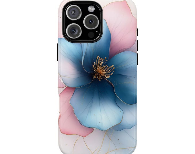 Azure Blossom Flower Petal Gold Accents Phone Case: Tough Cover for iPhone (MagSafe Compatible), Samsung Galaxy, Pixel