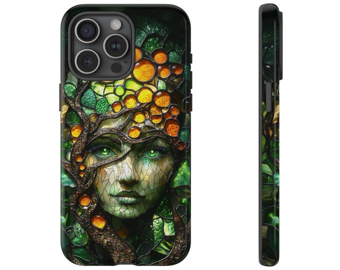 Emerald Forest Woman Stained Glass Phone Case: iPhone, Galaxy, Pixel - Lifetime Warranty