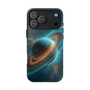 May include: A black phone case featuring a vibrant, digitally created image of a planet with glowing rings. The planet is a mix of blue and brown hues, set against a dark, starry background. The case has a glossy finish and a camera cutout.