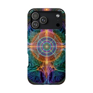 May include: A smartphone case featuring a vibrant, symmetrical fractal design with a central glowing orange and yellow circular pattern. The artwork incorporates intricate teal, purple, and blue geometric lines and radiating light beams.