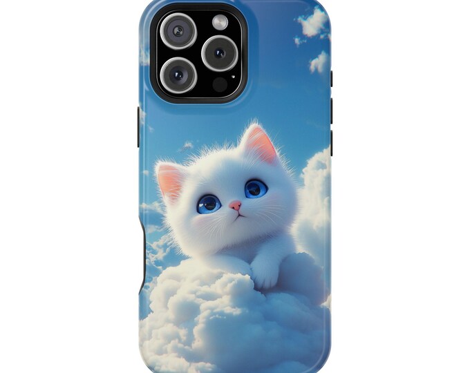 Cute White Cat Fluffy Kitty Sky Kitten Phone Case: iPhone, Galaxy, Pixel - Lifetime Warranty