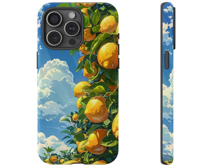 Yellow Lemons on Tree with Blue Sky Clouds Phone Case: iPhone, Galaxy, Pixel - Lifetime Warranty