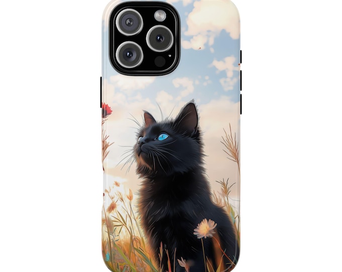 Black Cat Wildflower Meadow Kitty Phone Case: iPhone, Galaxy, Pixel - Lifetime Warranty