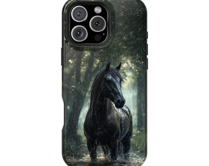 Black Horse Standing in Rain Phone Case: iPhone, Galaxy, Pixel - Lifetime Warranty