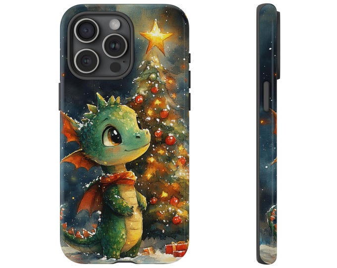 Cute Dragon Christmas Tree Phone Case, X-Mas Lights Star Cover, Holiday Dragon Design - Premium UV Print Slim Tough Cover Protector Case