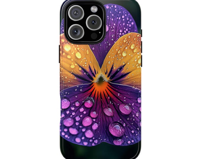 Purple Yellow Pansy Flower Rain Drops Phone Case: iPhone, Galaxy, Pixel - Lifetime Warranty