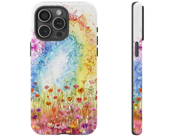 Phone Case for Galaxy, iPhone, Pixel | Wildflower Rainbow Multicolor Watercolor Floral Field Painting | Dual Layer Tough Cover Protector