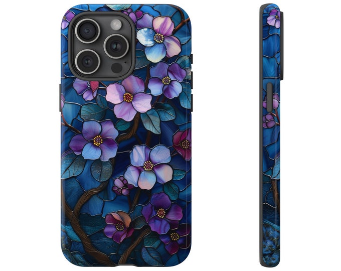 Light Purple Blossom Tree Stained Glass on Blue Phone Case: iPhone, Galaxy, Pixel - Lifetime Warranty